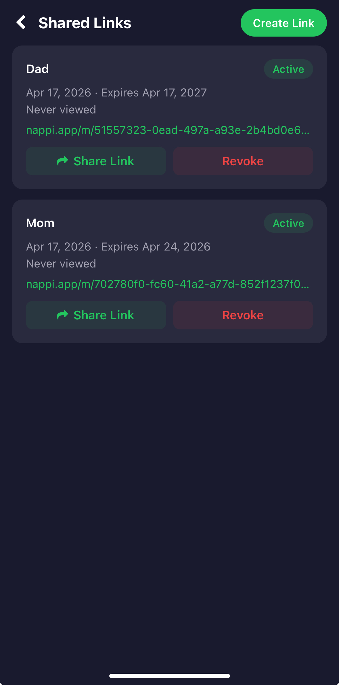 nappi Shared Links screen with revocable, expiring family links