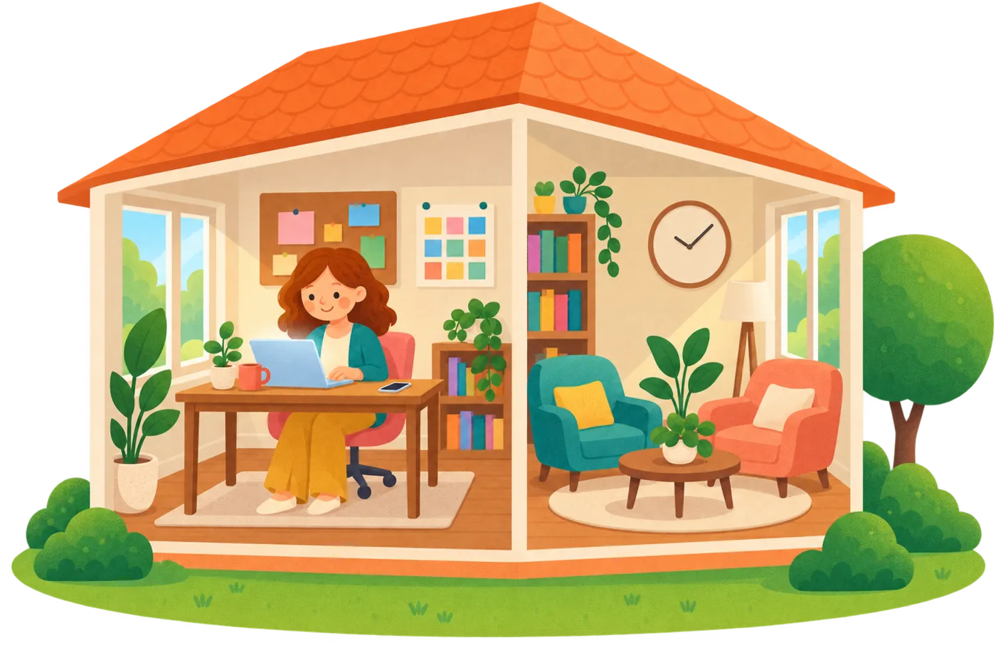 Illustration of a sleep consultant's studio: she works at her desk on a laptop beside a corkboard and a calendar, next to a nook with two armchairs for sessions.