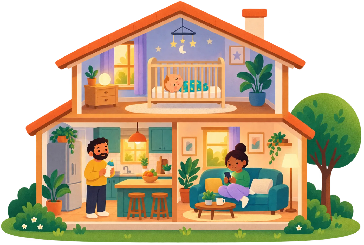 Illustration of a family home: the baby naps upstairs while Dad makes a bottle in the kitchen and Mom checks her phone on the sofa.