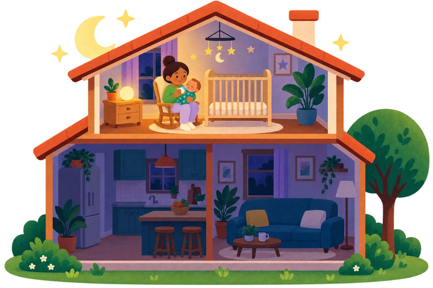The same house at night: every room is dark except the nursery, where Mom gives the baby a bottle.
