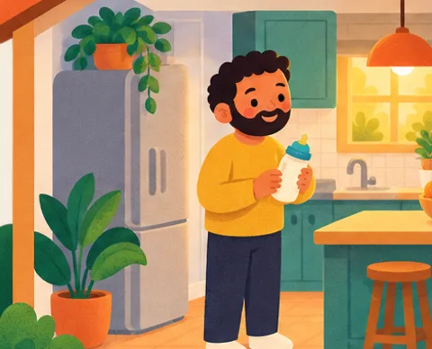 Dad holds a bottle in the kitchen.