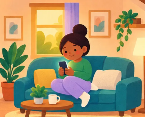 Mom checks her phone on the living room sofa.