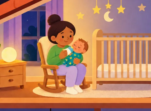Mom gives the baby a bottle in the nursery rocking chair at night.