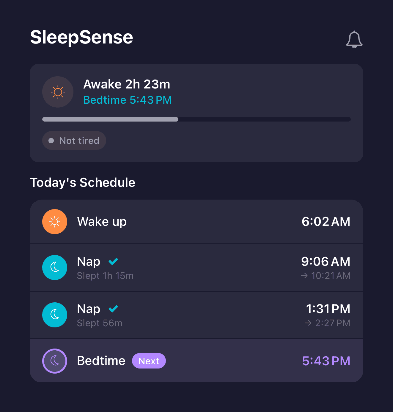 SleepSense predicting the next nap time on the nappi app